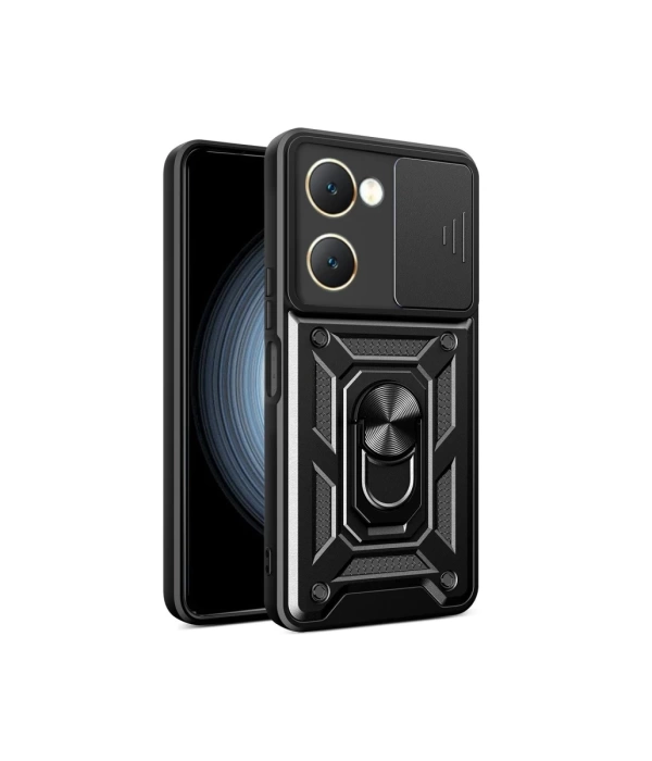 Newface Vivo Y18 Kılıf Pars Lens Yüzüklü Silikon - Siyah