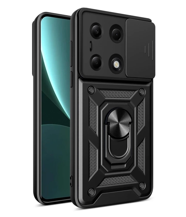 Newface Xiaomi Poco M6 Pro 4G Kılıf Pars Lens Yüzüklü Silikon - Siyah