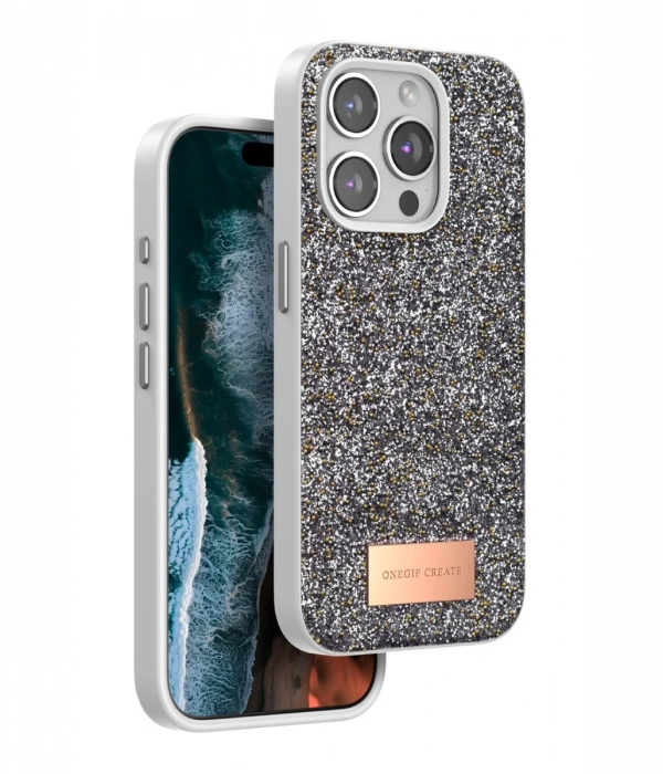 Onegif iPhone 15 Pro Max Bright Simli Kapak - Gümüş