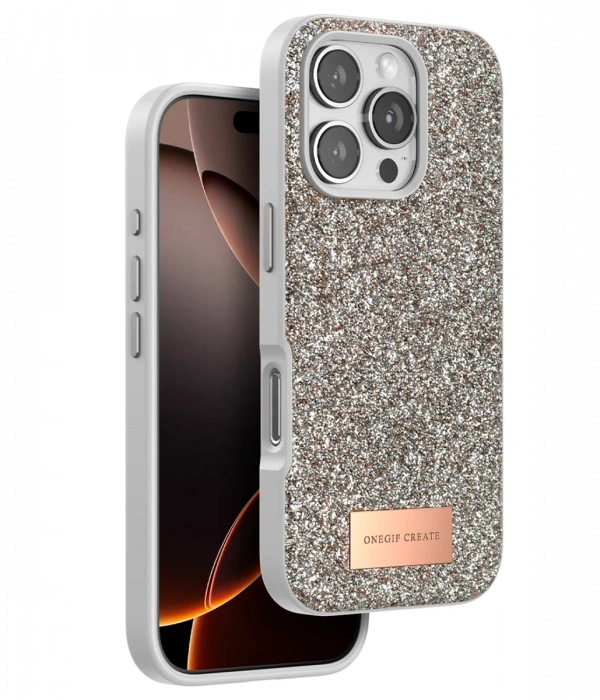 Onegif iPhone 16 Pro Bright Simli Kapak - Çöl Titanyum