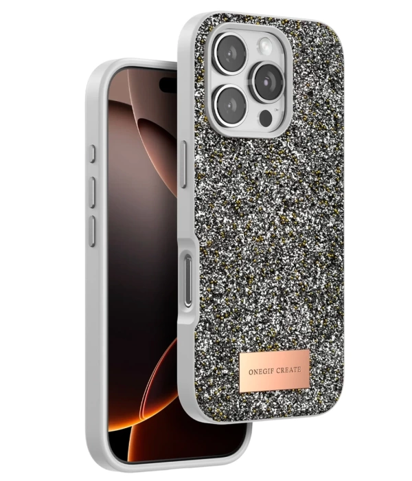 Onegif iPhone 16 Pro Bright Simli Kapak - Gümüş