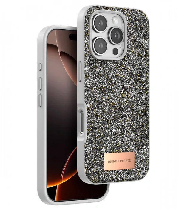 Onegif iPhone 16 Pro Max Bright Simli Kapak - Gümüş