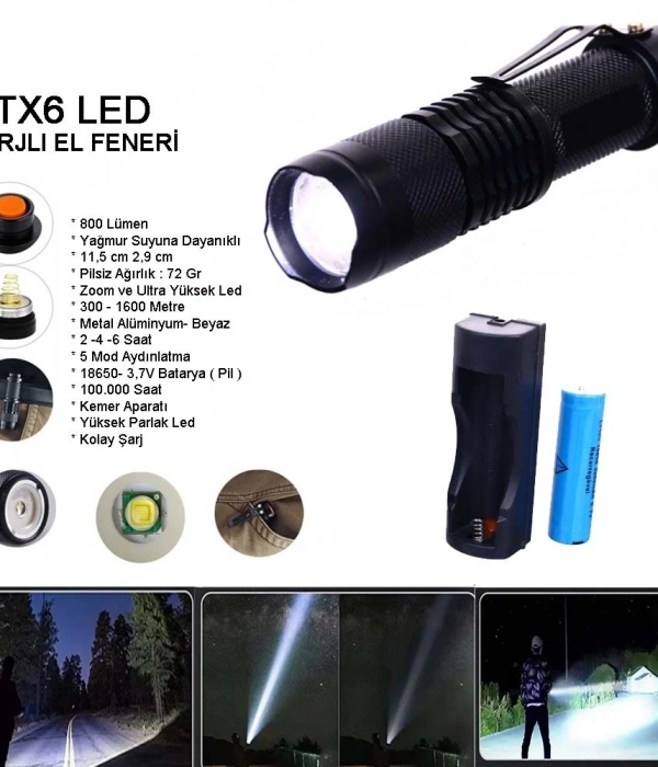 Orjinal 800 Lümen T6 Şarjlı El Feneri  Wt-086