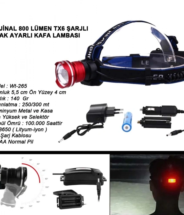 Orjinal 800 Lümen T6 Şarjlı Kafa Feneri  Wt-265