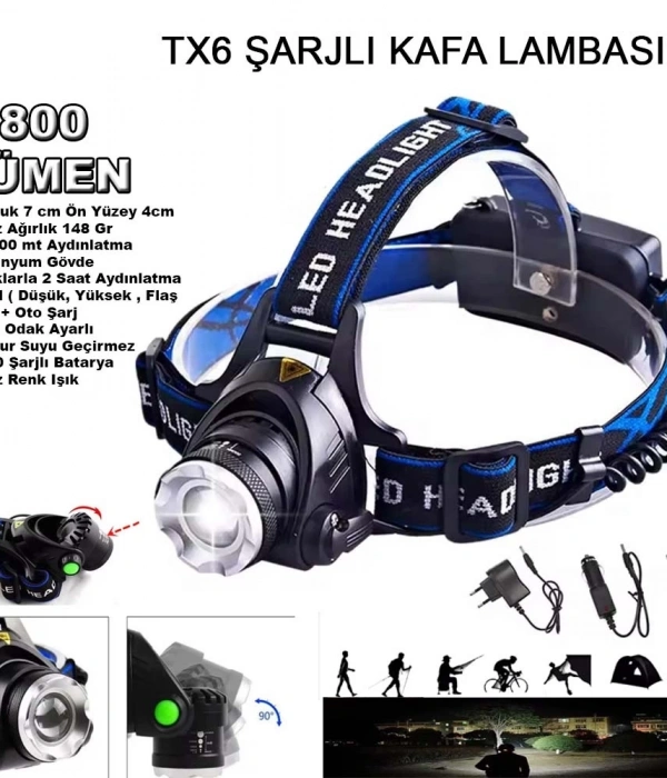 Orjinal 800 Lümen Tx6 Şarjlı Zoomlu Kafa Feneri Wt-120
