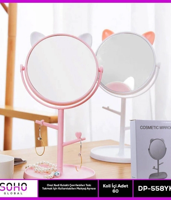Oval Kedi Kulaklı Takı Organizer Ayna