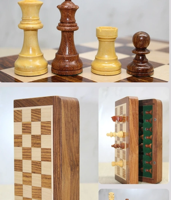 Özel Vernikli Mıknatıs Taşlı Ahşap Katlanabilir Kutulu Satranç Oyunu 12.5 Cm G220