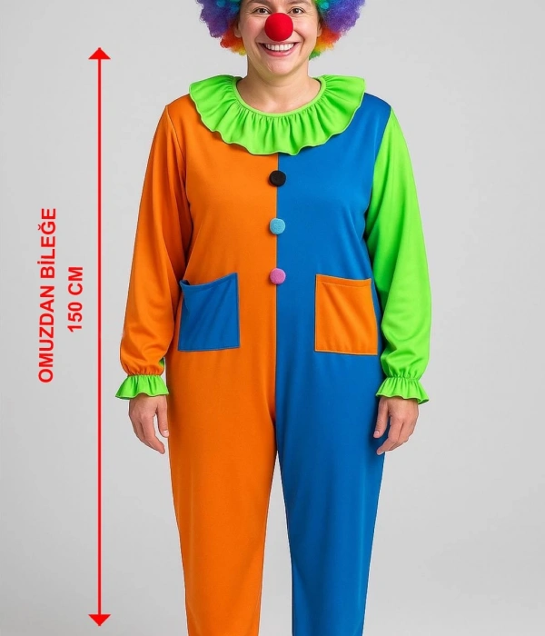 Palyaço Kostüm Seti 150 Cm (peruk + Burun + Kostüm)