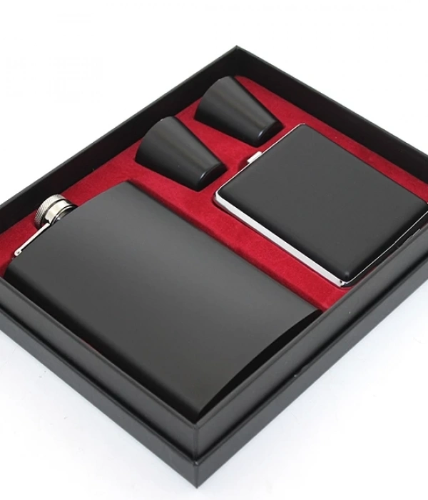 Paslanmaz Çelik 2 Shot Bardak Ve  Tabakalı Matara Seti Alk2670