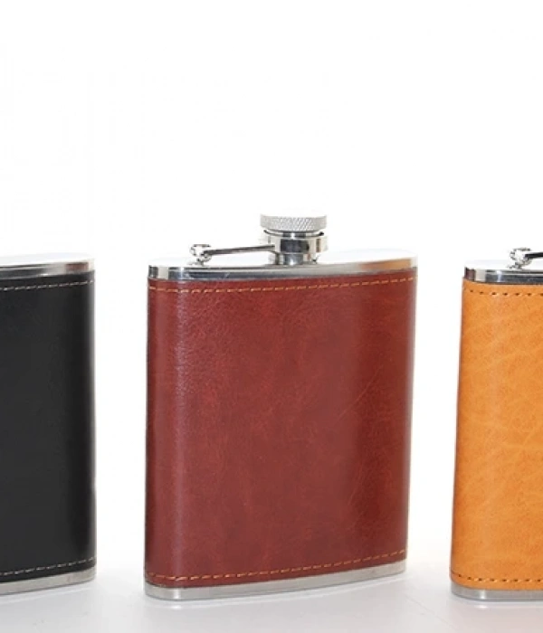 Paslanmaz Çelik Tekli 7 Oz Derili Matara  Alk2660