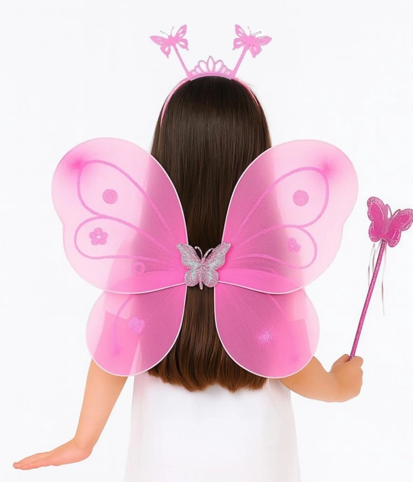 Pembe Kelebek Kız Seti – 50 Cm Kelebek Kanadı, Taç Ve Asa