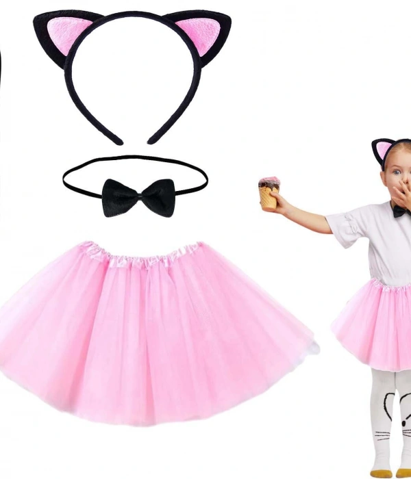 Pembe Renk Etekli Kedi Kostüm Seti (tütü, Taç, Papyon, Kuyruk)