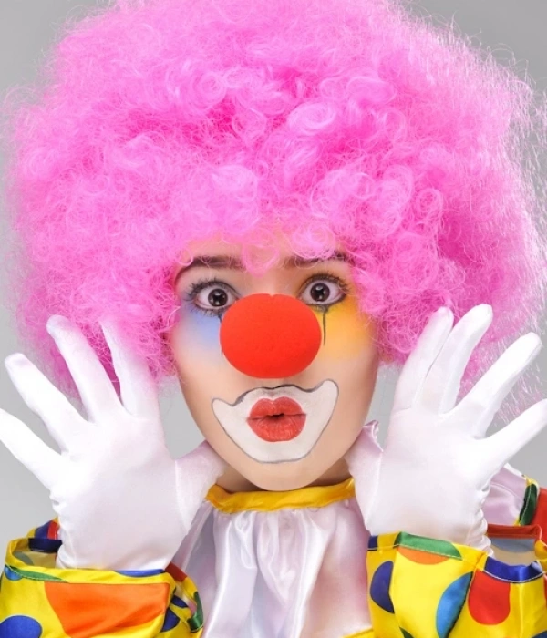 Pembe Renk Kıvırcık Afro Bonus Peruk Takma Saç Ve Kırmızı Burun Seti