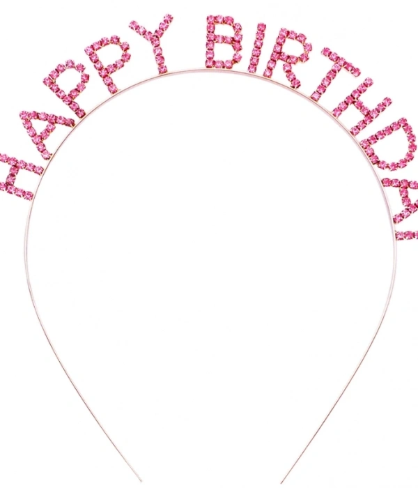 Pembe Renk Kristal Taşlı Gold Renk Kaplama Happy Birthday Taç 16x17 Cm