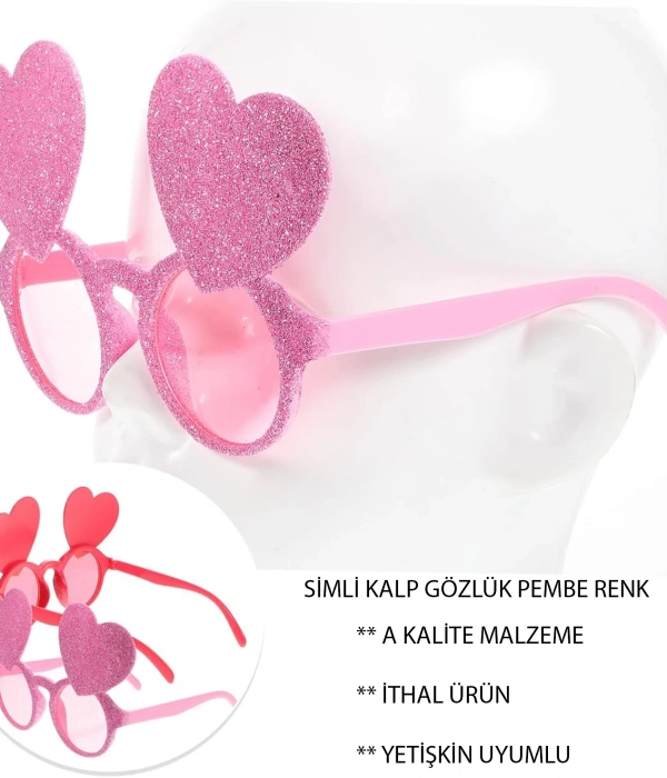 Pembe Renk Sim İşlenmiş Kalp Figürlü Parti Gözlüğü