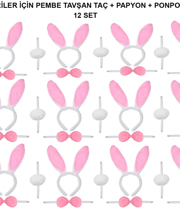 Pembe Tavşan Kostüm Seti – Taç, Papyon, Ponpon (12’li Paket)
