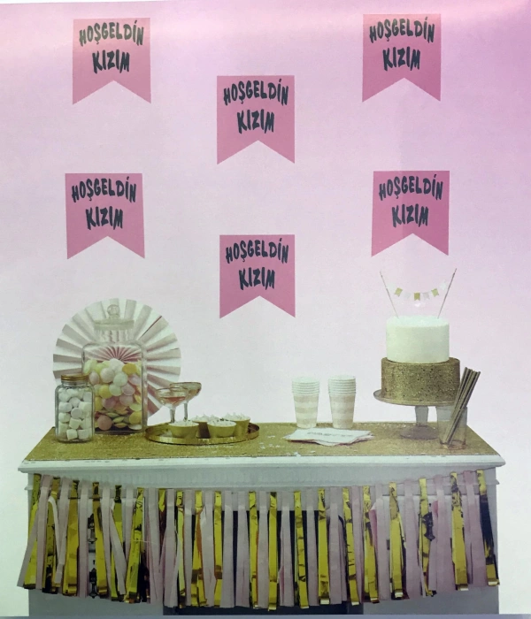 Pembe Üzeri Gümüş Renk Hoşgeldin Kızım Bayrak Süs