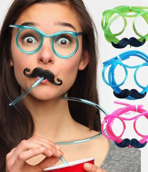 Pipetli Parti Gözlüğü - Çocuk Ve Yetişkin Bıyıklı Pipet Gözlük Pembe Renk 18x14 Cm