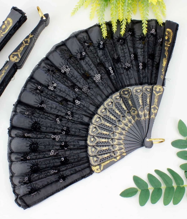 Plastik Pullu Kumaş Yelpaze 12li Siyah