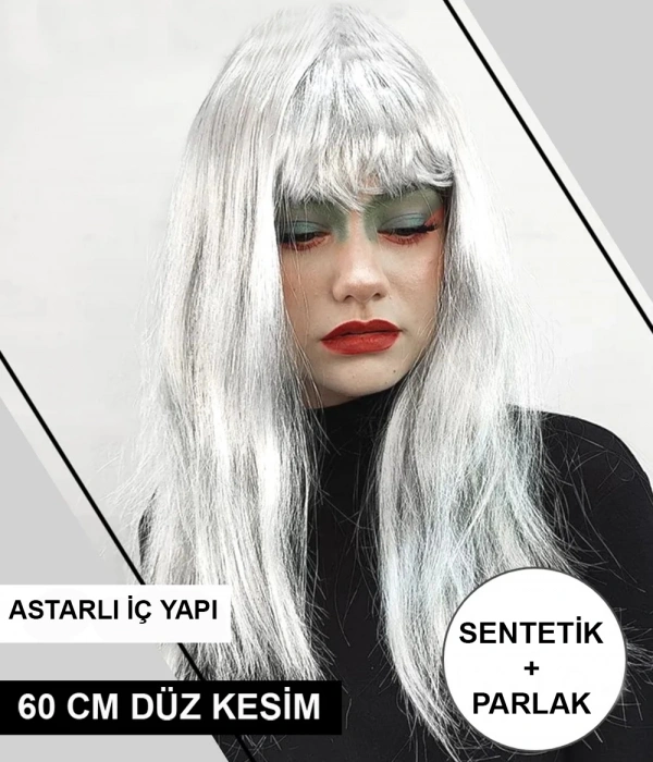 Platin Gri Gümüş Renk Uzun Parti Peruğu Uzun Takma Peruk
