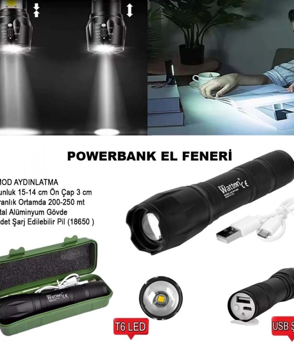 Powerbank Özellikli Uzun Menzilli El Feneri  Wt-039