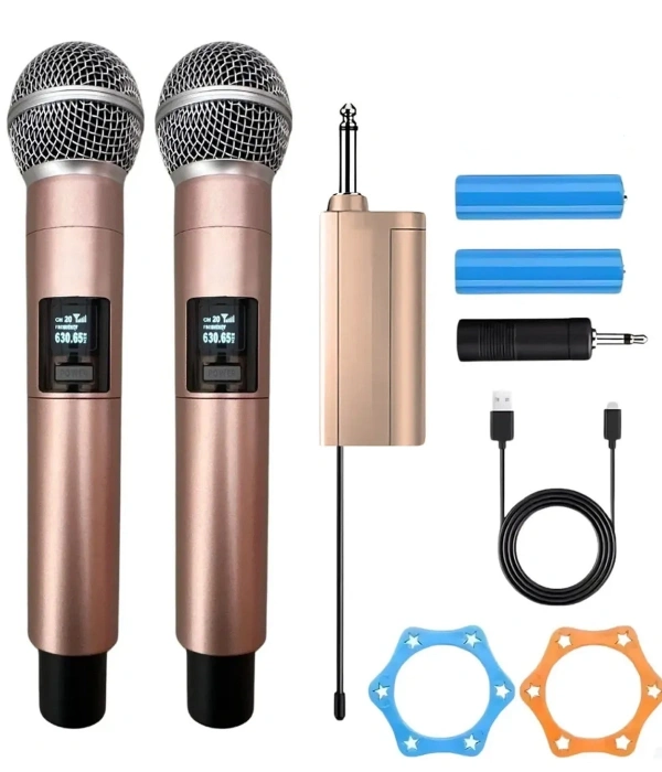 Profesyonel Çiftli Kablosuz Mikrofon Seti Karaoke Şarj Edilebilir 50 Metre Mesafe Rose