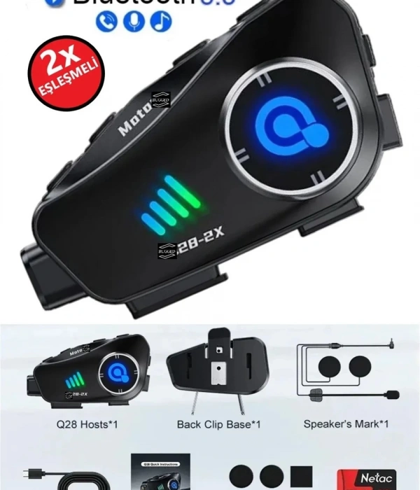 Q28 2x 2 Eşleşmeli Motosiklet Kask Bluetooth Kulaklık 1080p Kamera Su Geçirmez Intercom