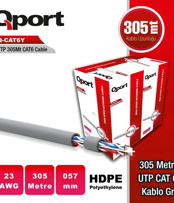 QPORT Q-CAT6Y 305 METRE 23AWG GRI CAT6 UTP PE KABLO
