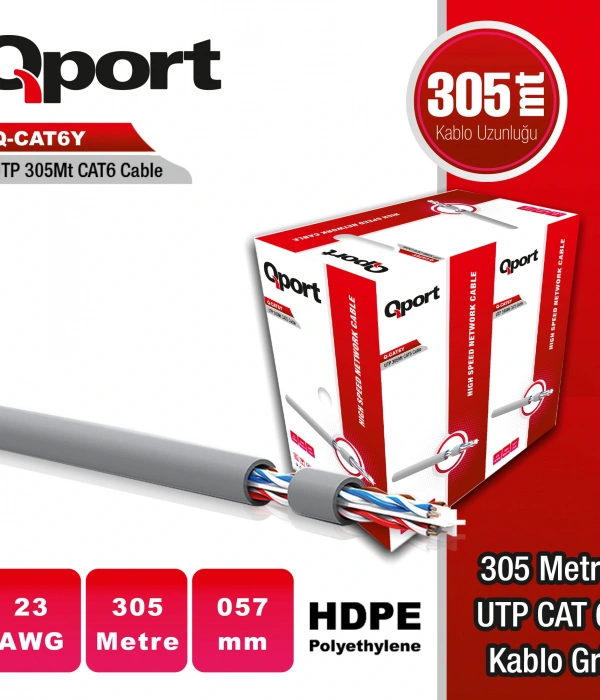 QPORT Q-CAT6Y 305 METRE 23AWG GRI CAT6 UTP PE KABLO