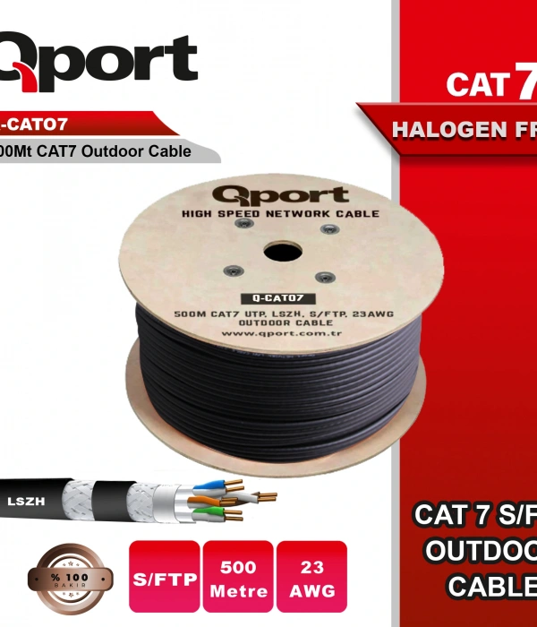 QPORT Q-CATO7 500M CAT7 LSOH S/FTP FULL BAKIR 23AWG SİYAH HALOGEN FREE KABLO