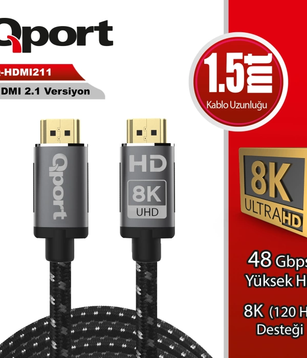 QPORT Q-HDMI211 HDMI 2.1V 8K ALTIN UÇLU 1.5 MT KABLO