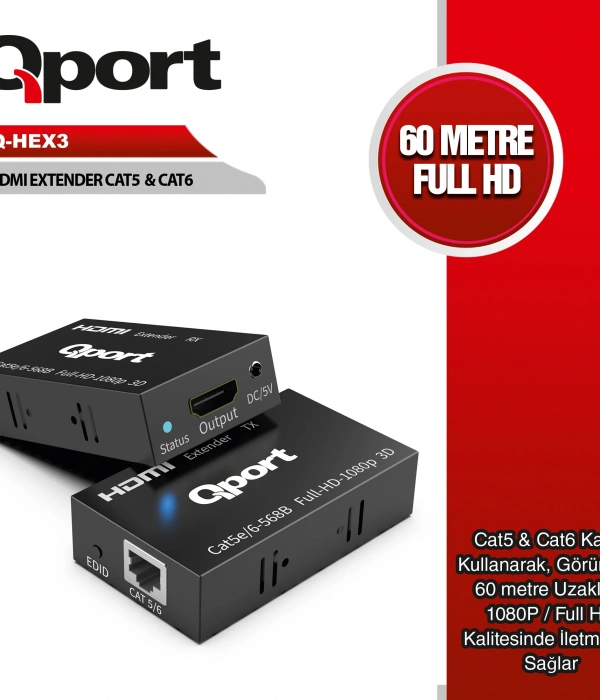 QPORT Q-HEX3 HDMI EXTENDER CAT6 60M 2 LI PAKET