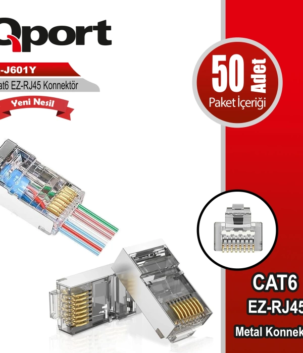 QPORT Q-J601Y CAT6 50 LİK PAKET EZ-RJ45 METAL YENİ NESİL KONNEKTÖR