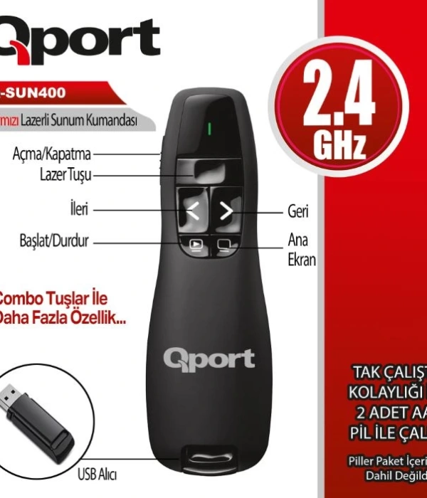 QPORT Q-SUN400 2.4 GHZ USB KIRMIZI LAZERLİ SUNUM KUMANDASI - PRESENTER
