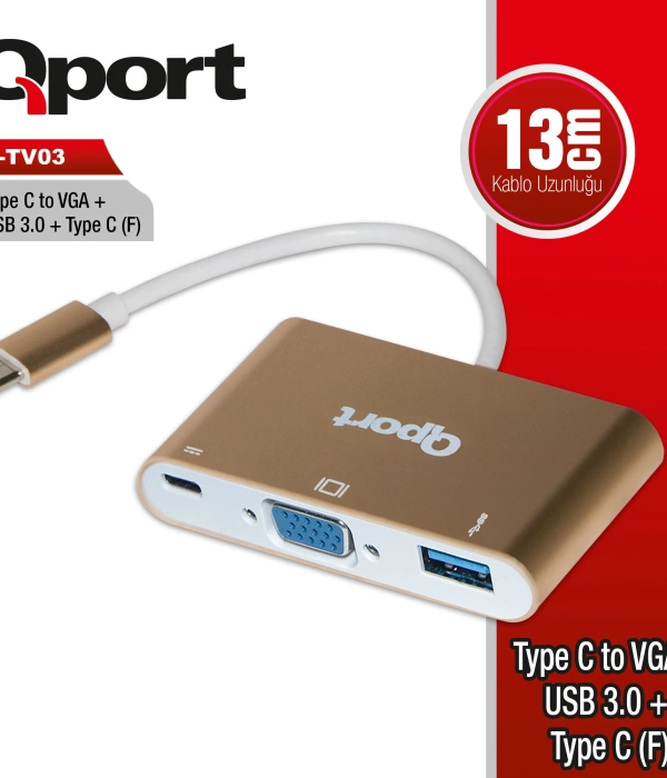 QPORT Q-TV03 TYPE-C TO VGA/USB3.0/TYPE-C(F) FULLHD CEVIRICI
