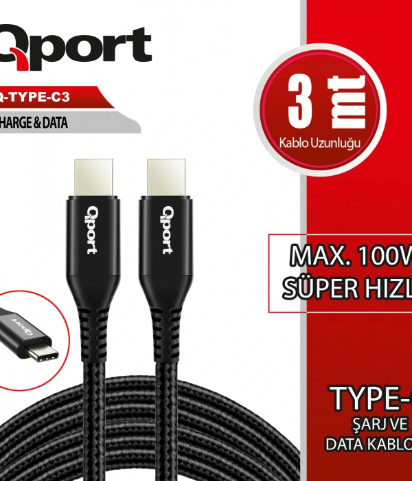 QPORT Q-TYPE-C3 3M TYPE-C 100W SUPER HIZLI PD SARJ VE DATA KABLOSU