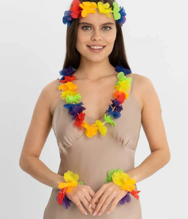 Rengarenk Hawaii Kolye Taç Bileklik Seti 4 Parça