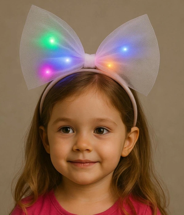 Rengarenk Led Işıklı Fiyonk Şekilli Tül Parti Tacı Beyaz Renk 25x25 Cm