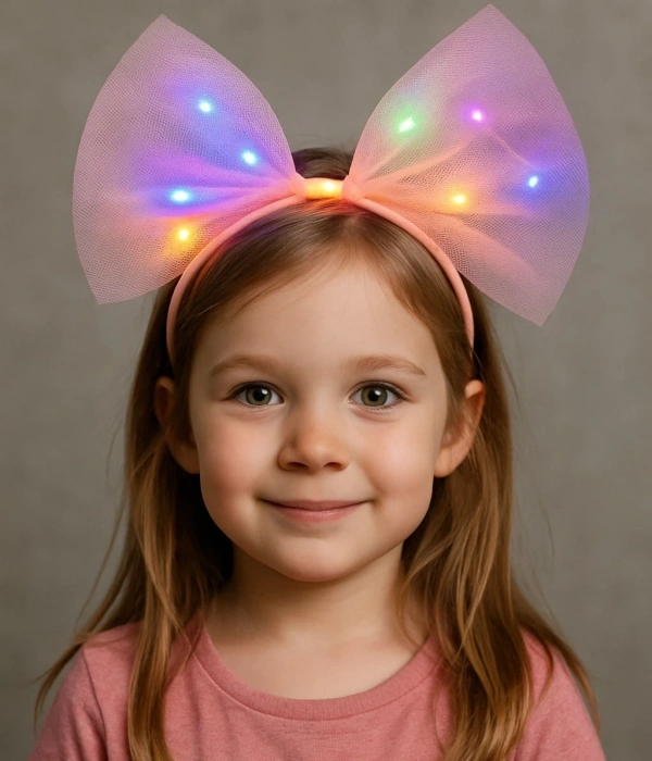 Rengarenk Led Işıklı Fiyonk Şekilli Tül Parti Tacı Pembe Renk 25x25 Cm