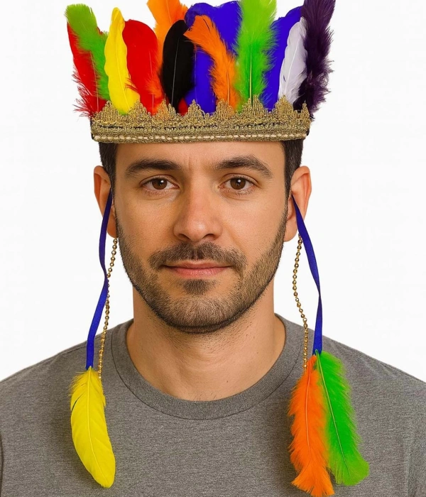 Rengarenk Tüylerle İşlenmiş Lastikli Kızılderili Başlığı