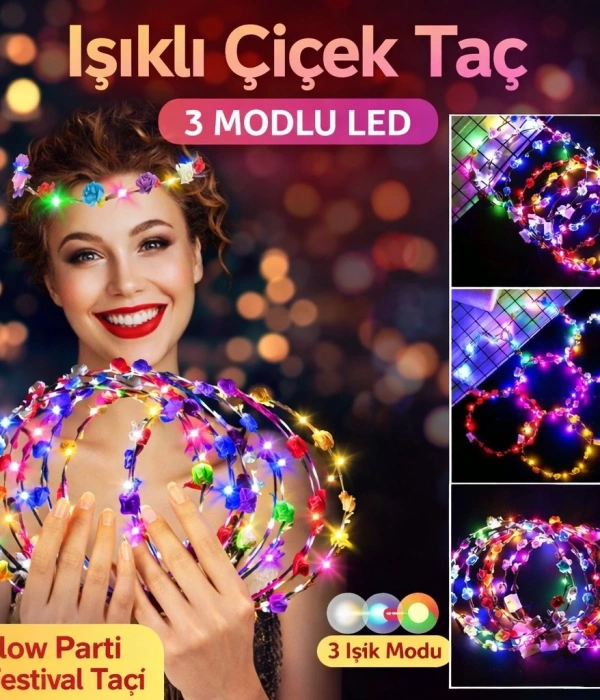 Renkli Led Çiçek Taç – 3 Işık Modlu Glow Parti Tacı