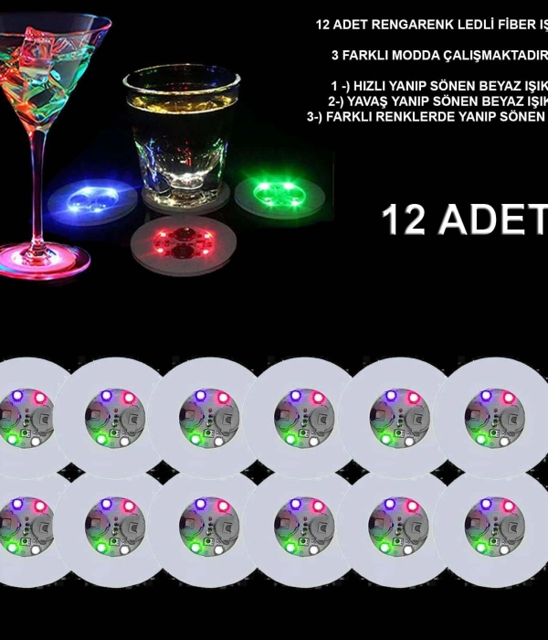 Renkli Led Işıklı Bardak Altlığı - Dekoratif (12 Adet, Pilli)
