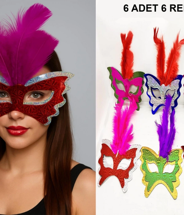 Renkli Parti Maskesi 639lı | Tüylü Karton Maske Seti (lastikli)
