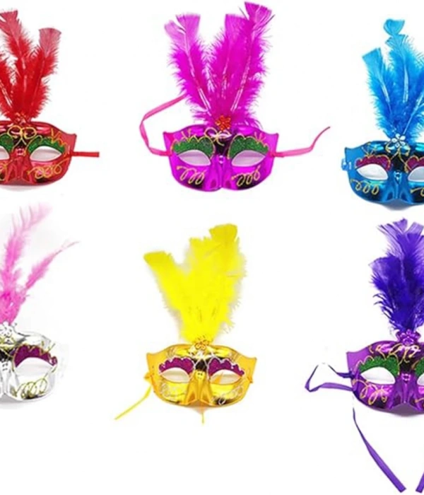 Renkli Tüylü Venedik Parti Maskesi Karışık Renk 12 Adet