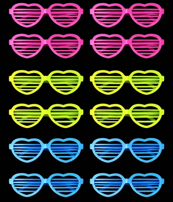 Retro Neon Fosforlu Kalp Panjur Gözlük 12 Adet – 80’ler 90’lar Parti Stili
