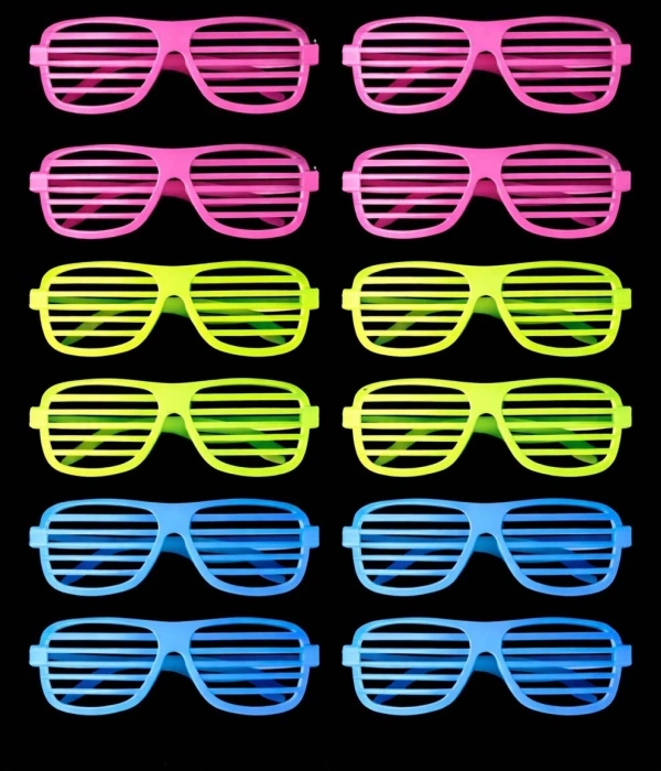 Retro Neon Fosforlu Panjur Gözlük 12 Adet – 80’ler 90’lar Parti Stili