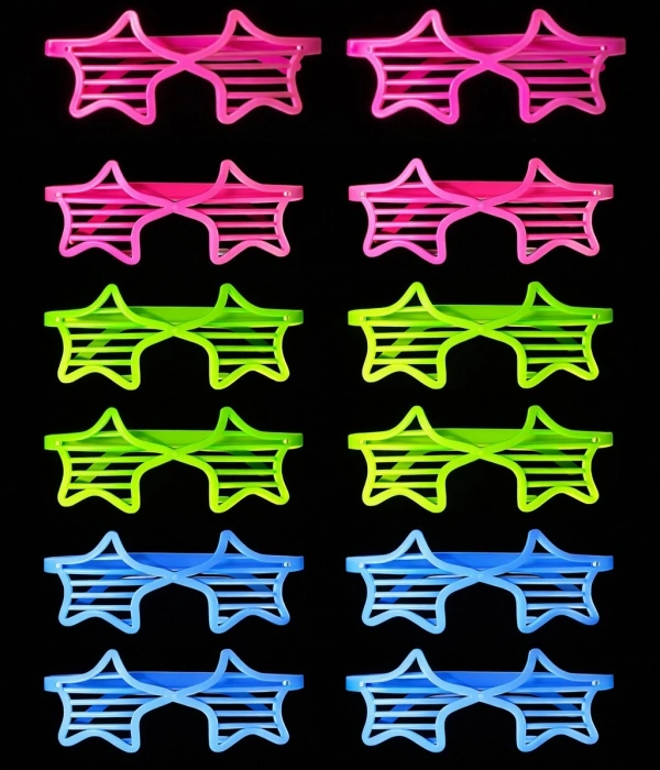 Retro Neon Fosforlu Yıldız Panjur Gözlük 12 Adet – 80’ler 90’lar Parti Stili