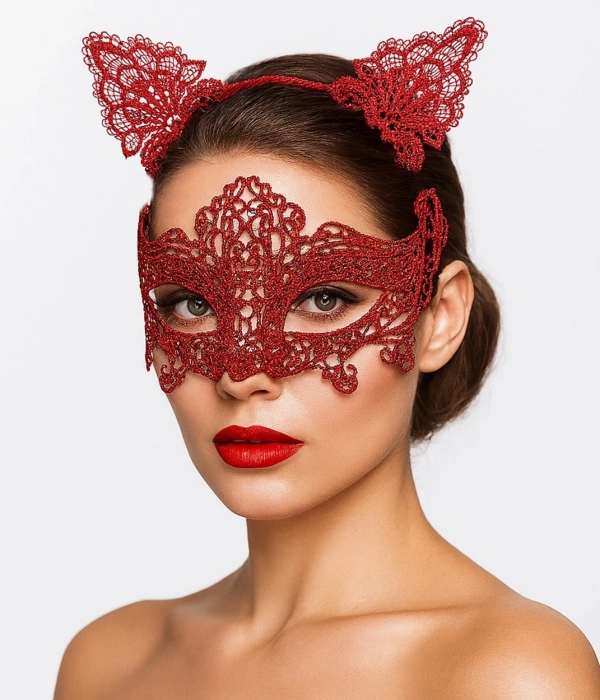 Romantik Kırmızı Dantel Maske Seti – Kedi Kulaklı Taç Ve Maske 3 No