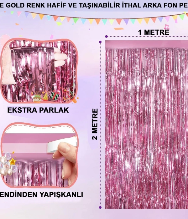 Rose Gold Renk Ekstra Metalize Parlak Saçaklı Arka Fon Perde İthal A Kalite 1x2 Metre
