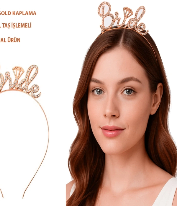 Rose Gold Renkli Taşlı “bride” Gelin Tacı – El Yazısı Yazı Tipiyle